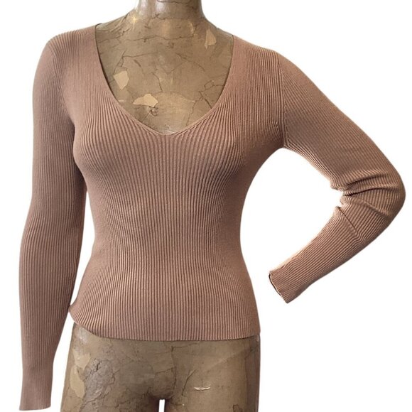 2 V-Neck Long Sleeve Ribbed Knit Tops Sz S:  F21 Tan & Nine West Rust #253N - Picture 2 of 10